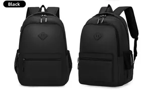 Detail view of black outdoor backpack with front zipper pocket and side mesh water bottle holder