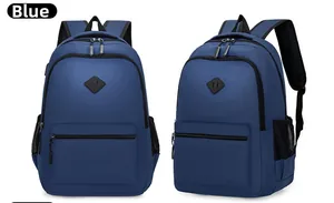 Blue travel backpack detail showing waterproof fabric and external USB charging port
