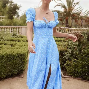 Detail of light blue floral dress showing puffed sleeves and drawstring square neckline