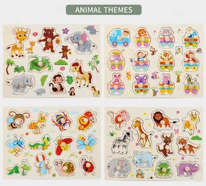 Detail view of four wooden peg puzzle sets with colorful animals and vehicles for toddlers