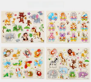Detail view of four wooden peg puzzle sets with colorful animals and vehicles for toddlers