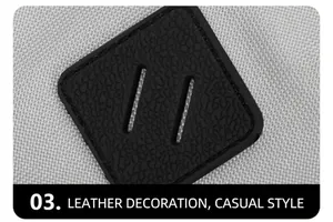 Nahaufnahme des schwarzen Leder-Patches auf hellgrauem Stoff des Freizeitrucksacks