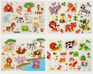 Detailed four-set collection of wooden animal puzzles with knobs for toddlers