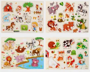 Detailed four-set collection of wooden animal puzzles with knobs for toddlers