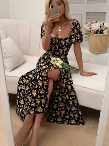 Women's French Retro Floral Puff Sleeve Dress Summer Slim Square Neck Side Slit Drawstring Polyester Spandex Maxi Dress