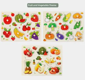Detailed view of wooden fruit and vegetable puzzles with ergonomic grab knobs for toddlers