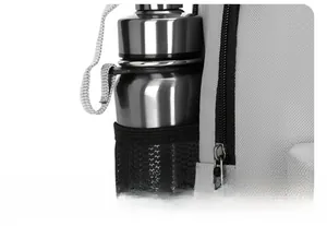 Detail of grey travel backpack side mesh pocket with a stainless steel water bottle