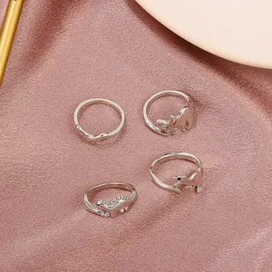 Silver 4-piece set of cute dinosaur and cat adjustable open rings for women