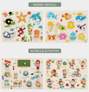 Wooden peg puzzles for toddlers featuring sea animals and sports themes with easy-grip knobs
