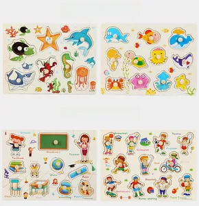 Wooden peg puzzles for toddlers featuring sea animals and sports themes with easy-grip knobs