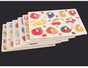 Detail of wooden peg puzzles for toddlers with easy-grip knobs and colorful themes