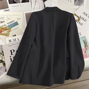 Detailed back view of a slim fit black blazer with sleeve button accents and tailored waist