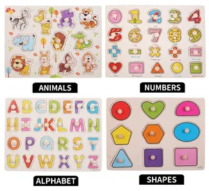 Detailed view of wooden peg puzzles with numbers, letters, shapes and animals