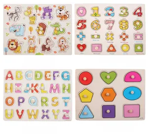 Detailed view of wooden peg puzzles with numbers, letters, shapes and animals