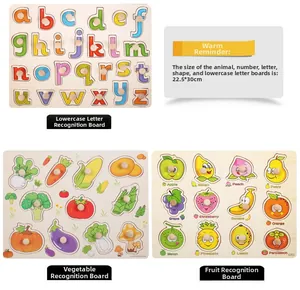 Detail view of wooden alphabet and fruit puzzles with plastic knobs for kids, 22.5x30cm