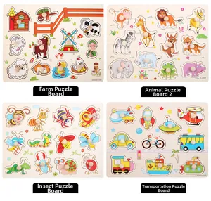 Detailed four-set collection of wooden peg puzzles featuring animals and vehicles for kids