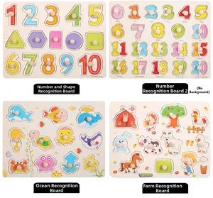 Detail of four wooden educational puzzles featuring numbers and diverse animal themes