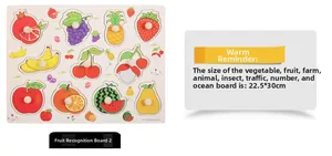 Detail of wooden fruit puzzle for toddlers with knobs featuring various colorful pieces