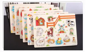 Close-up of assorted wooden toddler puzzles with rounded edges and easy-grip handles