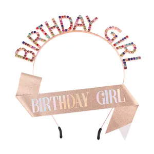 Serre-tête Birthday Girl en or rose avec strass colorés et ensemble d'écharpe pailletée