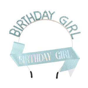 Ensemble écharpe Birthday Girl bleu clair et diadème en strass pour fête d'anniversaire