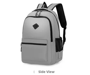 Slight side view of the spacious light grey backpack with waterproof fabric