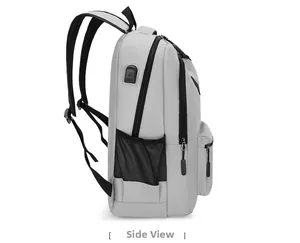Side view of gray travel backpack showing USB charging port and mesh side pocket