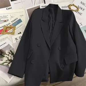 Classic black double-breasted blazer with notched lapels and flap pockets for office wear