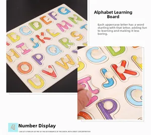 Close-up of wooden alphabet puzzle board with easy-grip handles for preschool learning