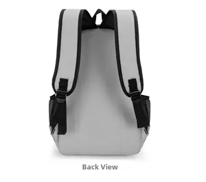 Back view of gray travel backpack with breathable mesh padding and ergonomic S-straps