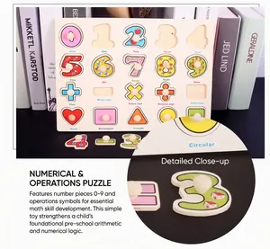 Educational wooden peg puzzle featuring colorful numbers 0-9 and geometric shapes for kids