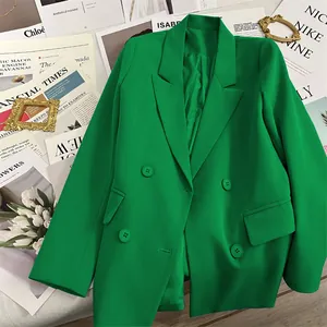 Women's bright green double-breasted blazer with notched lapels in a trendy flat lay style