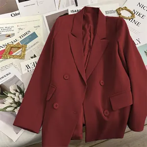 Women's double-breasted wine red blazer jacket with classic lapels and flap pockets