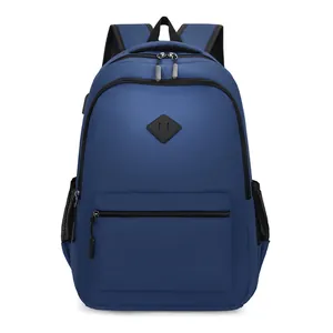 Large capacity dark blue travel backpack with mesh side pockets and minimalist design