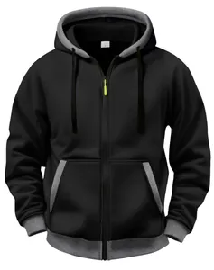 Vue de face du sweat à capuche zippé noir et gris avec détails contrastés et zip jaune