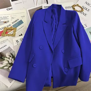 Classic royal blue double-breasted blazer for women with notch lapel and premium finish