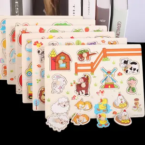 Educational wooden peg puzzles for toddlers featuring farm animals and colorful fruit themes
