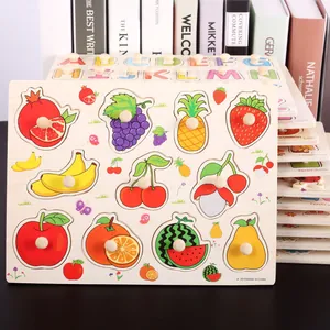 Educational wooden peg puzzle set for toddlers featuring colorful fruit shapes and handles