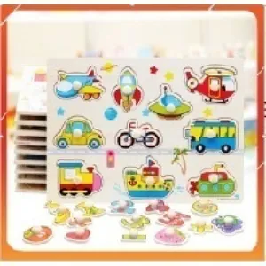 Educational wooden transportation puzzle with pegs for toddlers featuring cars and aircraft