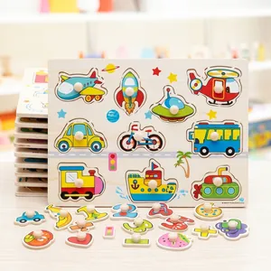 Educational wooden transportation puzzle with pegs for toddlers featuring cars and aircraft