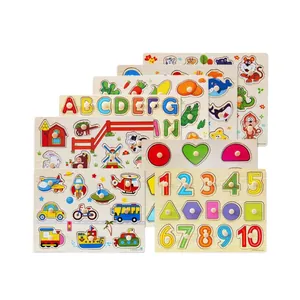 Educational wooden peg puzzles for toddlers featuring letters, numbers, and animals