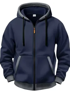 Sweat à capuche zippé bleu marine pour homme avec détails gris et cordon noir