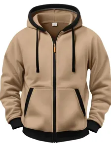 Sweat à capuche zippé pour homme kaki avec détails contrastés noirs et accents orange