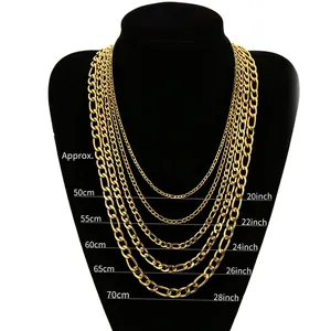 Size guide showing Figaro chain lengths from 50cm to 70cm on a neck model for comparison