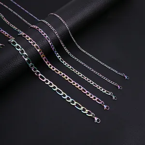 Detailed comparison of five rainbow Figaro chain widths with lobster clasp on leather background