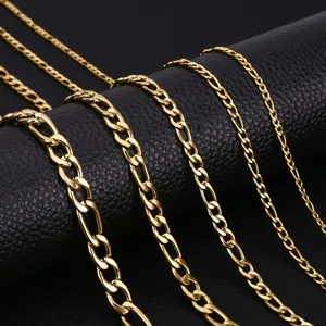 Golden stainless steel Figaro chain necklaces in various widths on black leather base