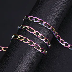 Close-up of iridescent stainless steel Figaro chain with 3:1 link design on leather