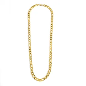 Detailed close-up of golden Figaro chain necklace with secure lobster clasp on white background