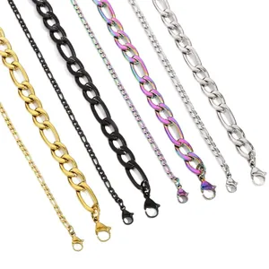 Polished stainless steel Figaro and Cuban link chains in gold, silver, and black finishes