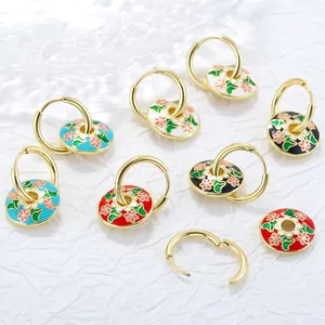 Vintage New Chinese Style Floral Enamel Drip Oil Daisy Hoop Earrings Gold Plated Brass Ear Buckle For Women Party Jewelry
